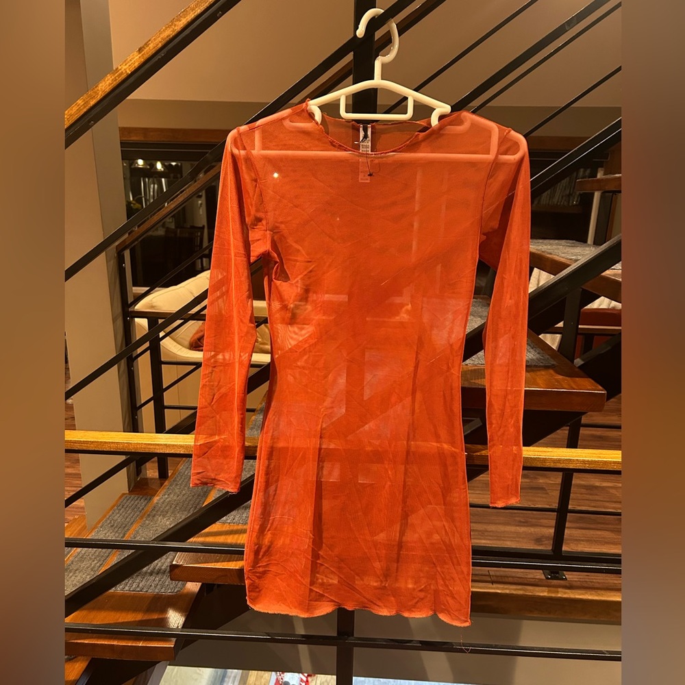 Sheer Long Sleeve Orange Dress